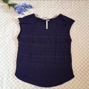 LC Lauren Conrad Navy Crochet Chiffon Stripe Blouse L